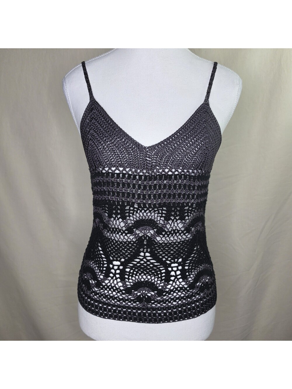 Vintage InWear Y2K Metallic Crochet Cami Tank Top Black Silver Small